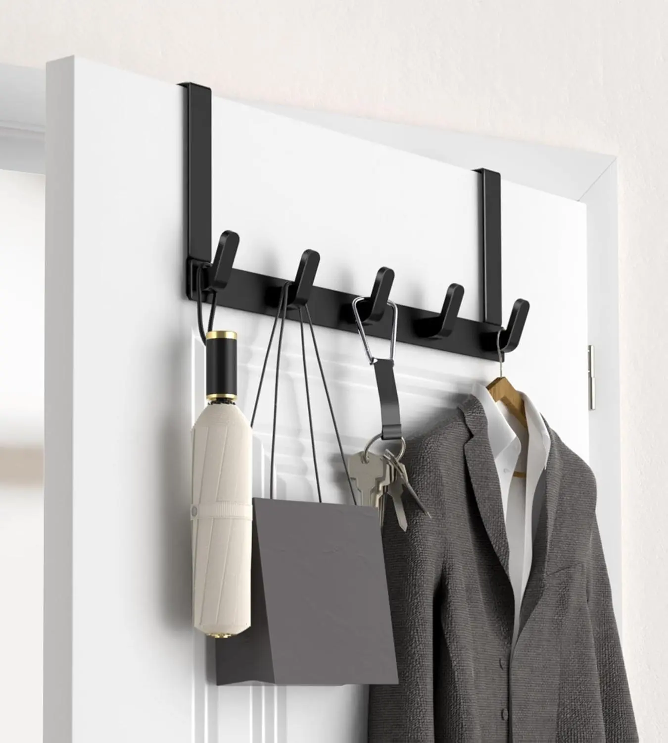 Over The Door Hooks Hanger with Extended Arms for Easy Use by Women, L28U - Coat Hook Bathroom Accessories and Towel Rack Organization - 1 Pack Black