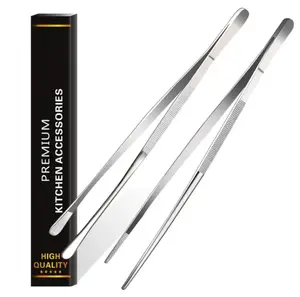 2 Pcs 12-Inch Fine Hardware Tweezers Tongs, Extra-Long Stainless Steel Home Kitchenware with Handle, Barbecue Utensils