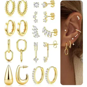 9Pairs 14K Plated Lightweight Stainless Steel Hoop Earring Stacks for Women Huggie Stud Hoop Cartilage Earring Sets for Multiple Piercing