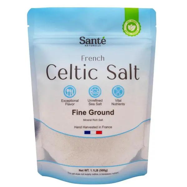 Sante Naturelle Celtic Salt Organic Fine Ground - 1.1lb (18oz) Unrefined French Mineral Sea Salt, Rich in 82+ Minerals, 100% Natural & Hand Harvested Sal Celtica