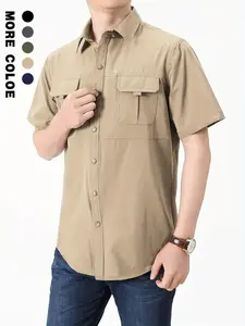 Men's Lightweight Quick-Dry Multi-Pocket Short Sleeve Shirt Tops, Breathable Nylon, Casual Summer Outdoor Clothing, Multiple Colors Available