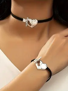 Vintage Bohemian Heart Necklace & Bracelet Set, Classic Simple Design, Perfect Valentine's Day Gift, Fashionable Women's Jewelry