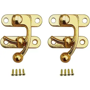 Zinc Die Cast Hook HASP Latch, Vintage Style Right Latch Lock, 39mm x 46mm (1.53" x 1.81"), Brass Plated, Made in Taiwan, 2 Pack