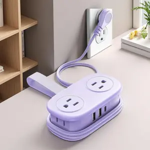 BY 4FT Purple Travel Power Strip with 4 AC Outlets, 2 USB-A & 1 USB-C Ports, 45° Flat Plug Extension Cord for Travel/Home/Dorm/Office