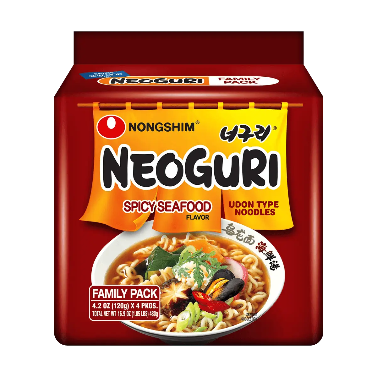 Nongshim Neoguri Spicy Seafood Udon Noodles 4-Pack (480g) - BTS Jungkook's Favorite Instant Ramen, Authentic Korean Flavor