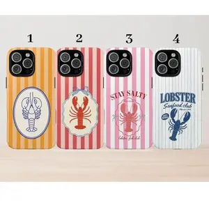 Lobster Stripe Tough Phone Case Cute Coastal Nautical Shockproof Cover For iPhone 11-17 Pro Max/Plus & Samsung Galaxy S23-S25