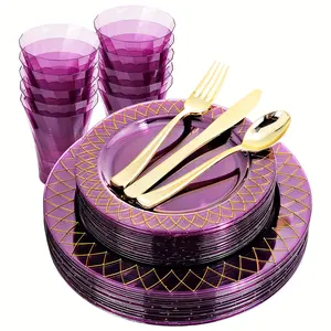 120 Purple Plastic Plates With Disposable Silverware& Cups - Purple Plastic Tableware Include 40 Purple Plastic Plates, 20 Purple Cups, 20 Plastic Utensils Set-Ideal For Partie