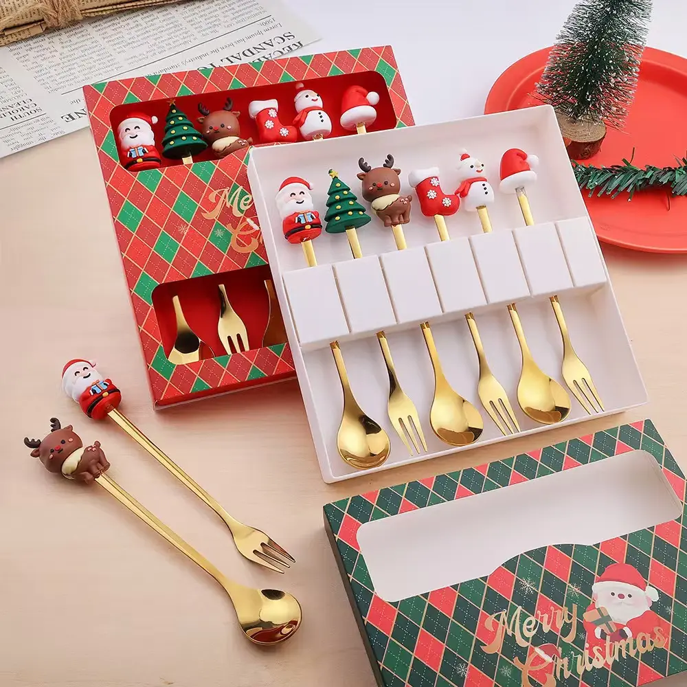 Christmas-themed Spoon and Fork Set / Creative Gold Christmas Santa Coffee Spoon and Fork Set spoon gold silverware