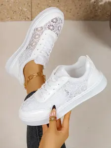 Summer Lace Mesh Breathable Sneakers, Hollow Out Soft Sole Low Top Board Shoes, Korean Style Versatile Casual Sports Shoes, Women Walking Shoes, Lace Up Sneakers, Fashionable Casual Sneakers