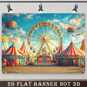 2D Flat Banner, 1pc Vibrant Circus Amusement Park Backdrop Banner - Polyester Design with Ferris Wheel, Carousel & Tents for Birthdays, Weddings, Anniversaries & Party Decoration, Event Decoration, Festive Atmosphere, Carnival Theme Party Decoration