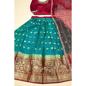Organza And Raw silk Combination Fully Stitched Crop Top Lehenga Set