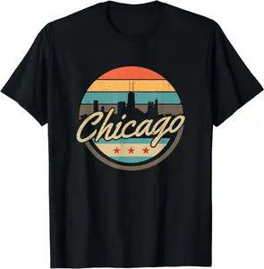 100% Cotton Chicago Flag Tshirt Skyline Vintage Illinois USA Souvenir T-Shirt