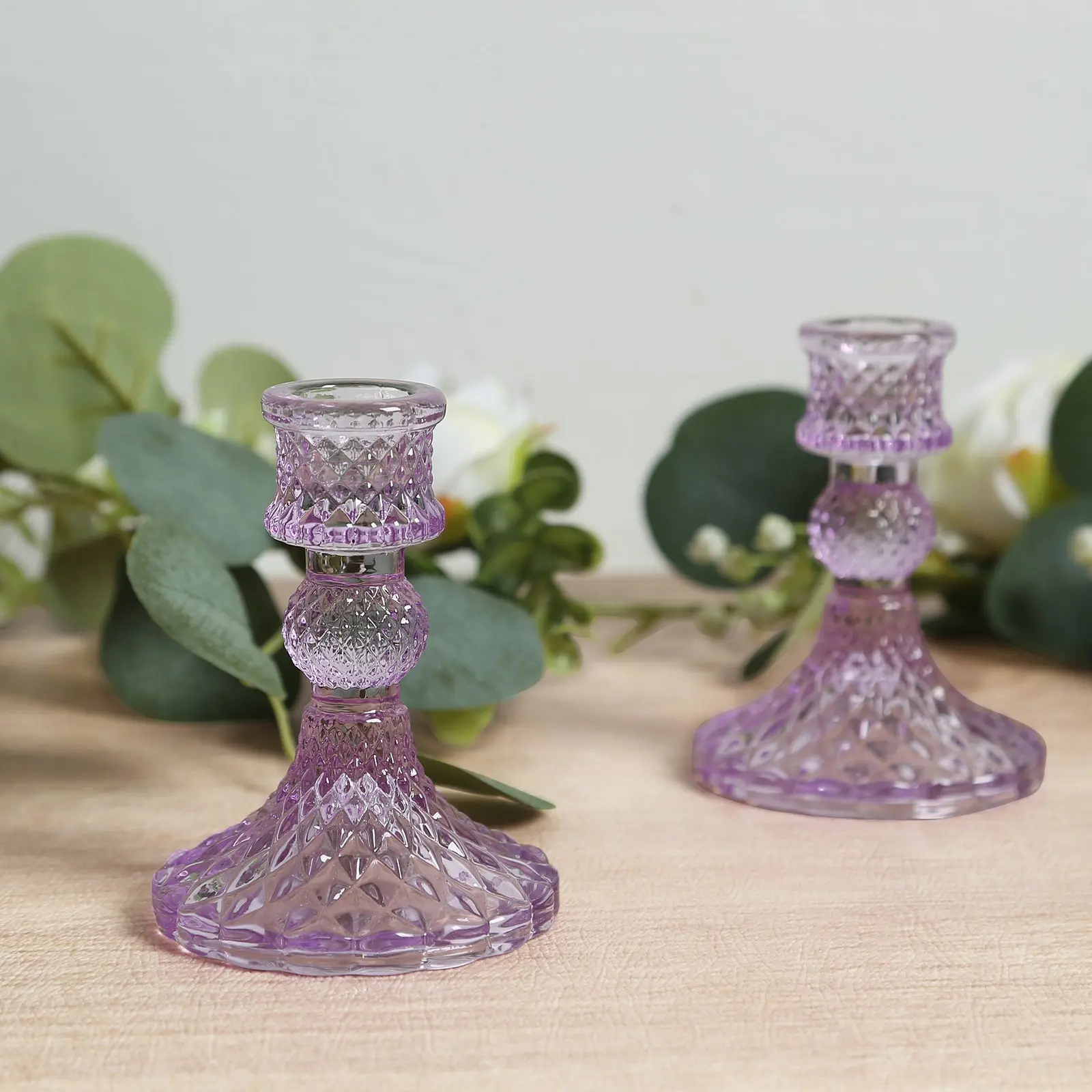 6-Pack Glass Taper Candlestick Holders 4" Diamond Pattern Design Lavender Lilac - Reversible Crystal Pillar Votive Stands
