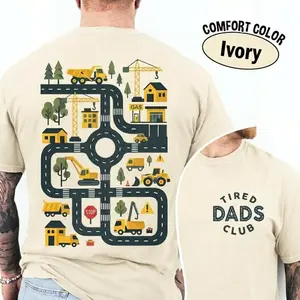Tired Dads Club Shirt with Construction Track Back Print, Funny Dad Gift Tee, Interactive Car Road Shirt for Kids, Father’s Day Gift Idea