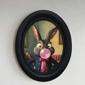 Vintage Rabbit Bubble Gum Wooden Frame, Oval Wall Hanging Novelty Decor, Handmade Recycled Wood Unique Artwork, Home Office Holiday Decoration