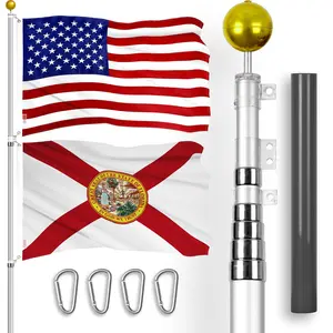 G128 Combo Pack: 20 Ft Telescoping Aluminum Flagpole (Silver) & American and Florida Flags 3x5 Ft, Both ToughWeave Series Embroidered Polyester | Pole with Flags Included