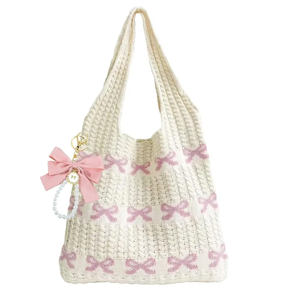Medium city tote bag Pink Crochet Tote Coquette Bow Aesthetic Hobo Bag for Women Beach Mesh Knitted Shoulder Bag Boho Shoulder Handbag  Large Capacity Tote bag Stylish Tote Bag Shopping Tote Bags