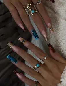 Blue Gemstone Press On Nails/Handmade Gel Nails In Long Square/Glue On Nails/False Nails/Birthday Holiday Date Night Nails/Gift for Her