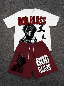 Men's 2-Piece Set Outfit School Street Casual Letter Print Graphic Round Neck Crewneck T-Shirt + Outdoor Sports Drawstring Shorts, Fitted Style, Menswear