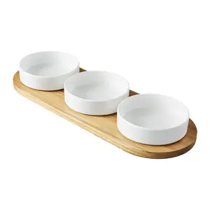 2934957947 - Acacia Wood Tray and Stoneware Bowl for Condiment, 19.69x7.28x2.17 in,3.96 lb