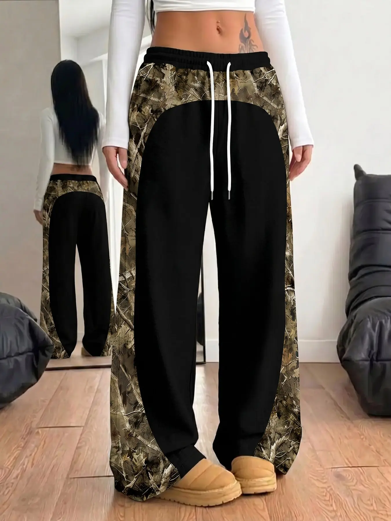 Women's Forest Camo Patchwork Sweatpants | Black Contrast Wide Leg Cargo Pants for Ladies | Breathable Baggy Gorpcore Streetwear | Aesthetic Outdoor Style Training Trousers 2026