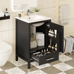 20-Inch Modern Bathroom Vanity with Ceramic Sink, Soft-Close Drawer & Door, Double-Layer Door Organizer, Divider Drawer, Adjustable Foot Pads – Space-Saving Storage Design
