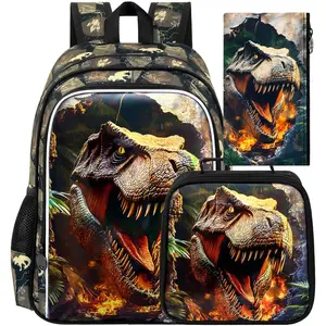 3PCS Dinosaur Kids Bookbag, Water Resistant Boys School Bag Set with Lunch Box, Cool Backpack for Elementary Preschool Toddler - Wall-Breaking T-Rex