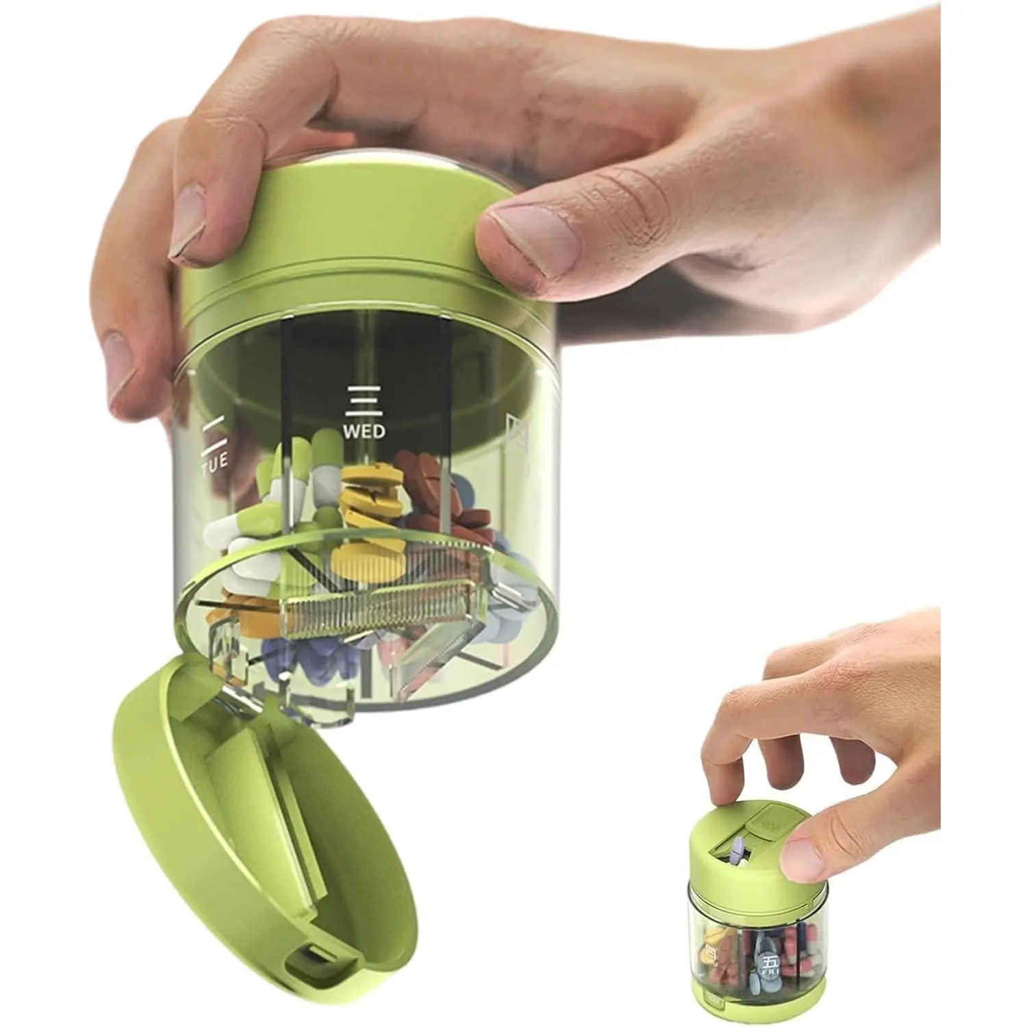 3-in-1 Travel Pill Organizer, 7-Day Portable Pill Box with Cutter and Labels, Compact Medicine Dispenser for Daily Medication, Vitamins, Fish Oil, and Supplements (A-Green)