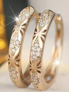 1 Pair Luxury Women Hoop Elegant Minimalist Earrings Hollow Out Design Wedding Party Elegant Jewelry Gold Color Inlaid Cz Jewelry Accessories