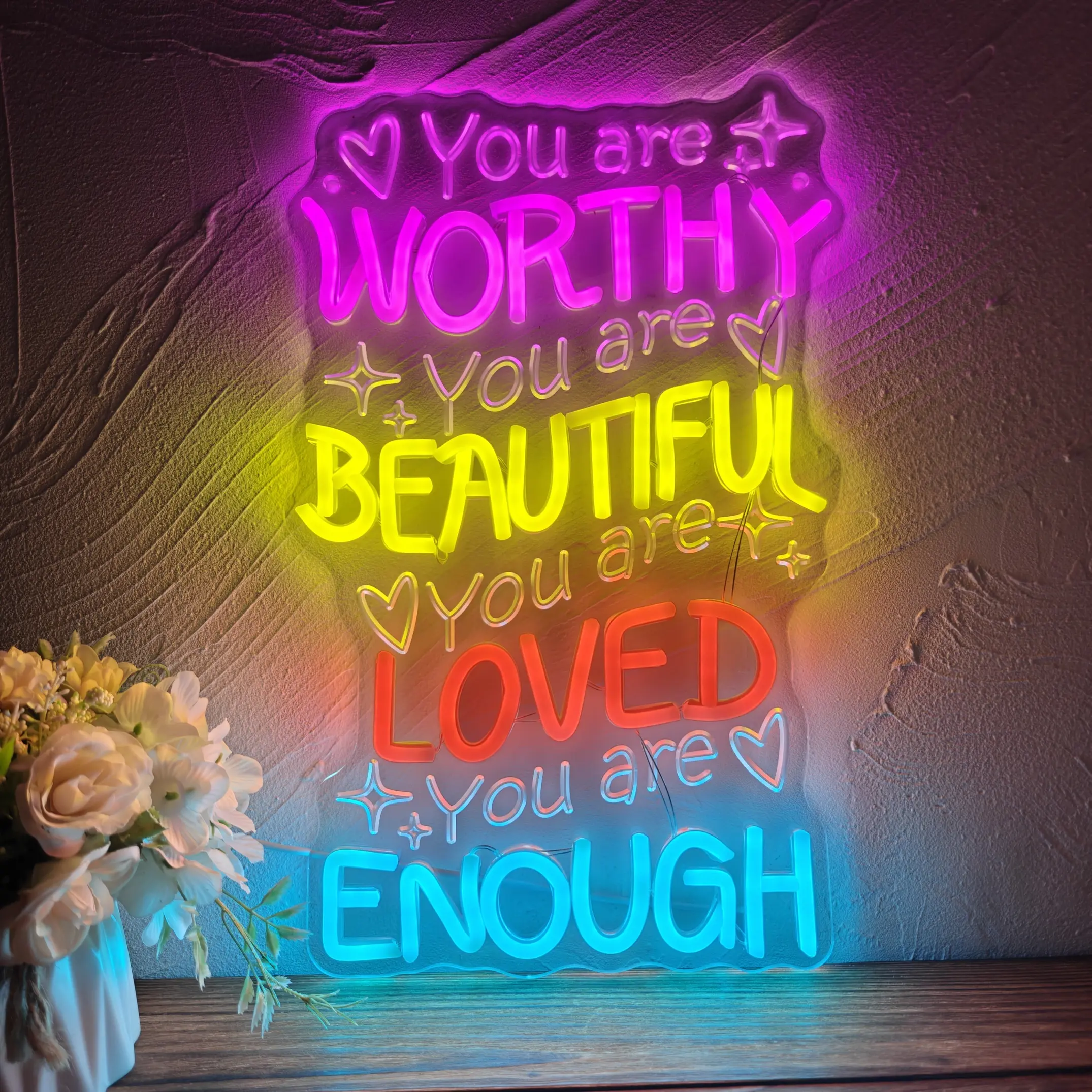 You Are Worthy Neon Sign Colorful Inspirational LED Wall Decor Acrylic Neon Light for Bedroom Living Room Office Gift for Women Teens 9.84 x 15.75 in Adjustable Rgb Lighting