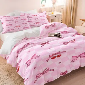 Pink Checkered Coquette Duvet Cover Set, 1 Duvet Cover with 1/2 Pillowcases, Bow & Cherry Print Bedding for Bedroom, Dorm & Guest Room, Decor for Adults