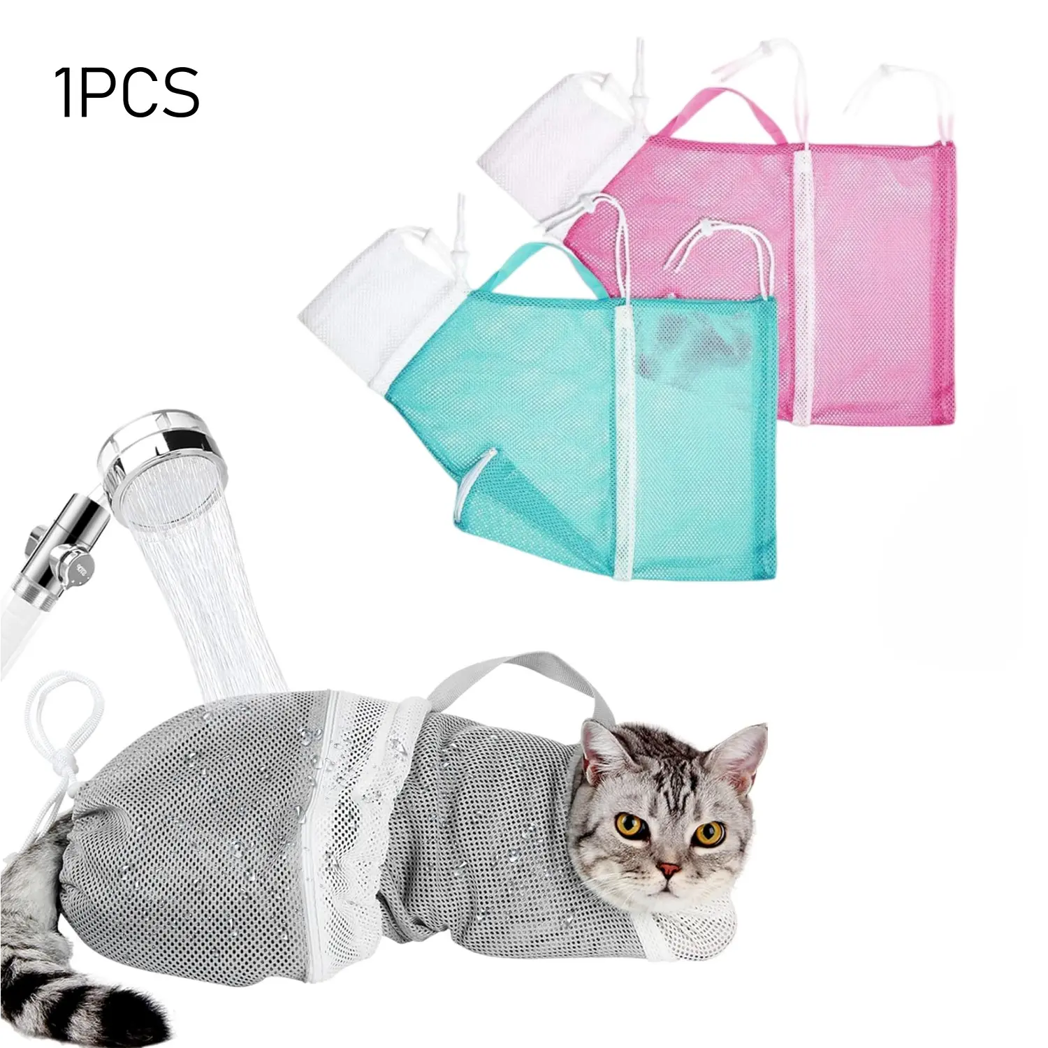Adjustable Cat Bath Bag, Anti-Bite & Scratch Shower Restraint Bag, Breathable Mesh Cat Grooming Bag for Bathing, Nail Trimming, Injection
