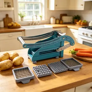 French fry auxiliary tool, manual potato slicer with stainless steel mesh blades, adjustable thickness, ergonomic handle vegetable and fruit slicer, used for making even French fries, easy to clean, very suitable for practical household cooking tools