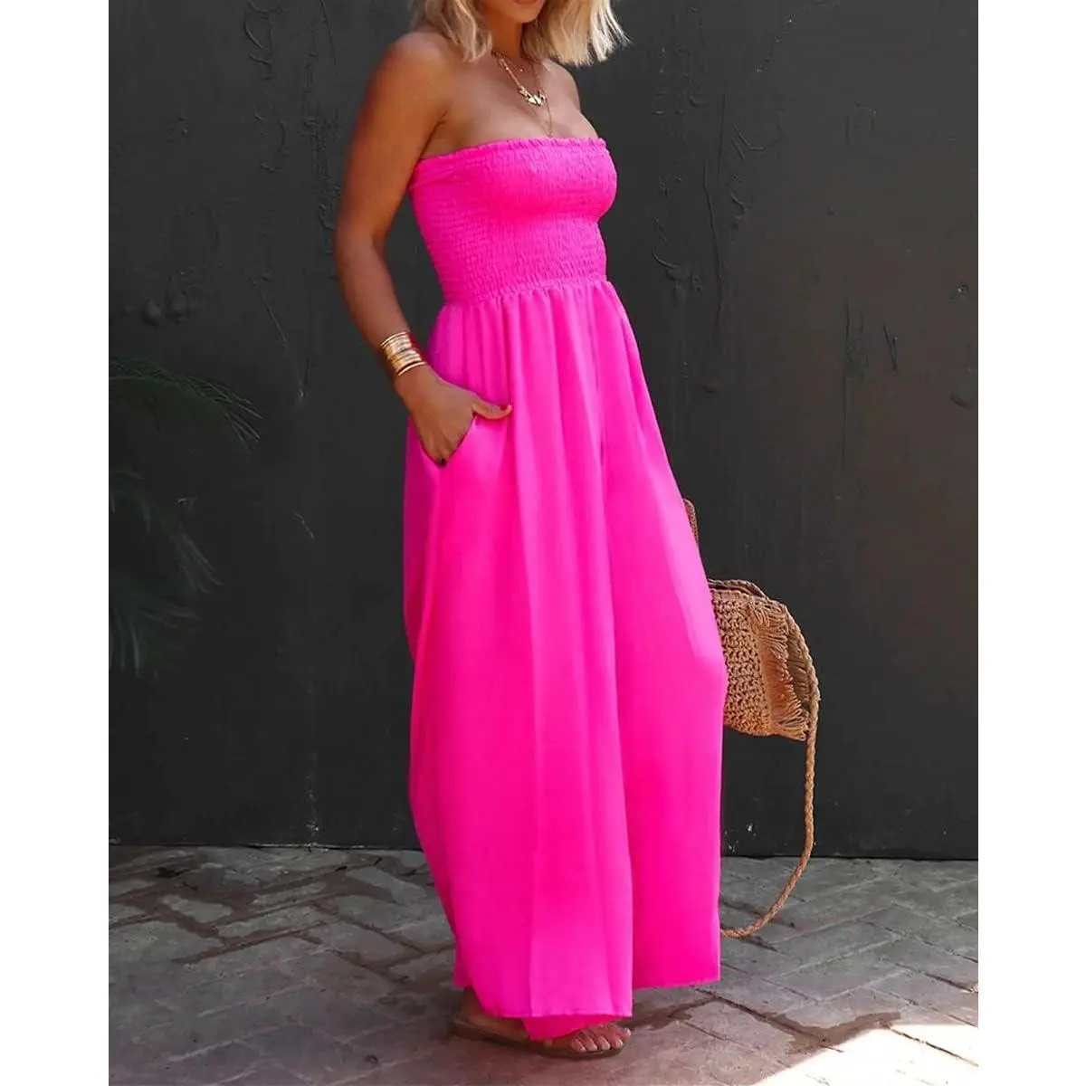 Women's Strapless Jumpsuit, Casual Sleeveless High Waist Overalls for Women, Smocked Wide Leg Pants with Pockets