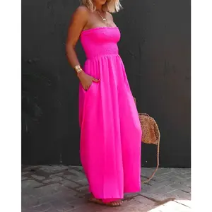 Women's High Waist Strapless Smocked Chiffon Overalls Wide Leg Loose Beach Pants Casual Summer Romper