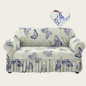 Modern Light Color Butterfly Milk Silk Print Sofa Cover, Elastic Band Closure, Pet Friendly, Polyester Blend Fabric, Stretch Sofa Cover, Elastic Sofa Slipcover, Decorative Sofa Cover