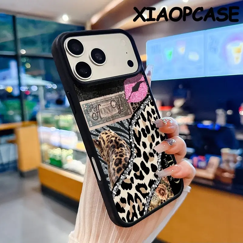 Magnetic Phone Case Compatible with iPhone 17 Pro Max Air 16 15 14  13 12 11 Plus,Leopard print and lip print Pattern Clear Acrylic Hard Back Soft TPU Edge Non-Yellowing Protective Cover
