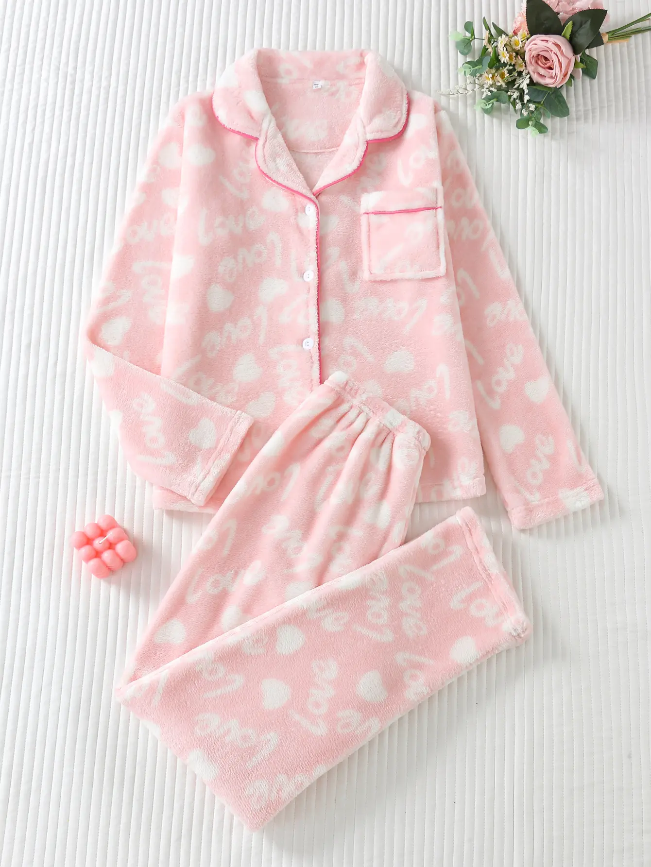 Women's Heart Print Pajama Set - 2-Piece Plush Loungewear with Longsleeve Button-Up Top and Pants, Women's Sleepwear, Longsleeves, Pajama Sets Women, Flannel