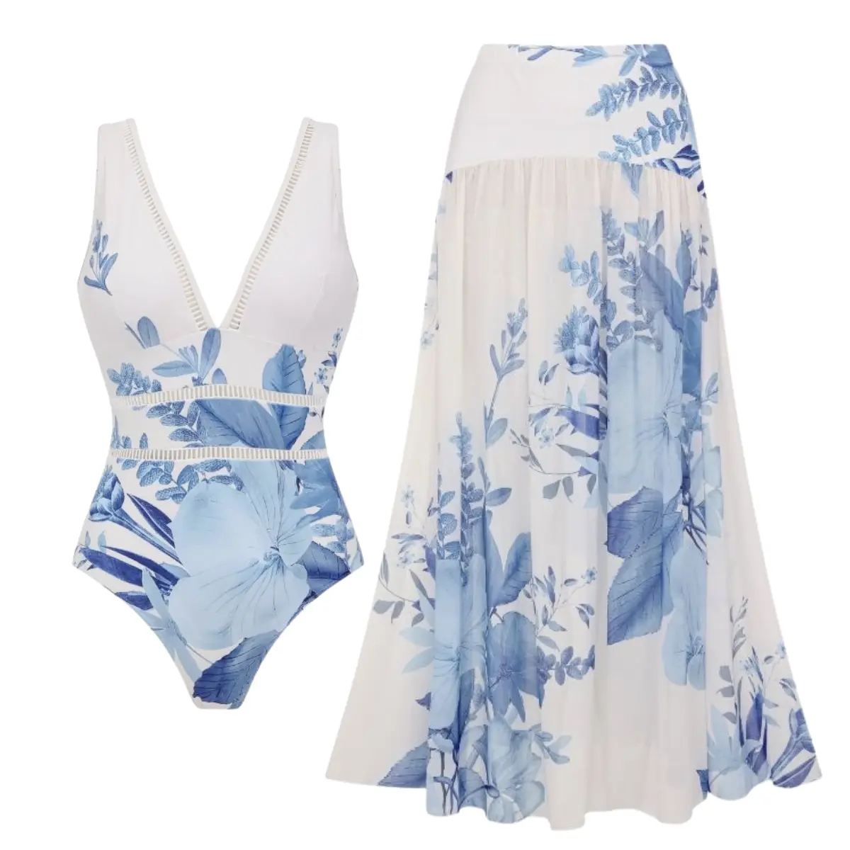 FLAXMAKER Women's Blue Blossom Print One Piece Swimsuit and Matching Cover Mini Skirt Set Swimdress Stylish Beachwear Bathing Suit #Summervibes outdoorfun #SwimWeek