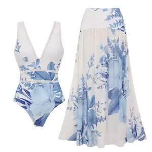 FLAXMAKER Women's Blue Blossom Print One Piece Swimsuit and Matching Cover Mini Skirt Set Swimdress Stylish Beachwear Bathing Suit #Summervibes outdoorfun #SwimWeek