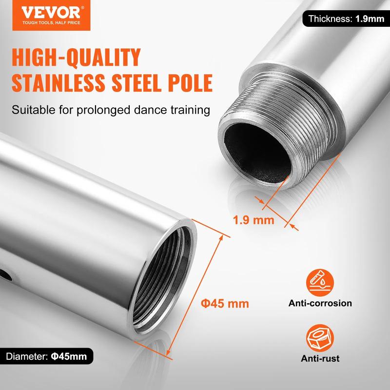 VEVOR Professional Dancing Pole, TikTokShopBlackFriday, Spinning Static Dancing Pole Kit, Portable Removable Pole, 45mm Heavy-Duty Stainless Steel Pole, Height Adjustable Fitness Pole, for Exercise Home Club Gym, Silver