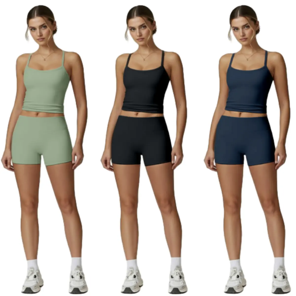 Women's 2-Piece Solid Color Yoga Workout Set, High-Waisted Above-the-Knee Biker Shorts & Sleeveless Cross-Back Sports Bra Tank Top, Polyamide Medium-Stretch Gym Workout Apparel for Casual Daily Wear & Exercise, Workout Sets For Women, Tank Tops