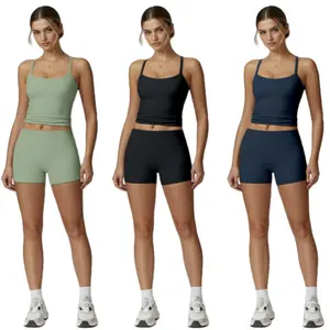 Women's Solid Color Yoga Outfit Set High Waisted Biker Shorts & Cross Back Sports Bra 2 Piece Activewear for Casual Daily Wear & Exercise Gym Apparel Polyamide Medium Stretch