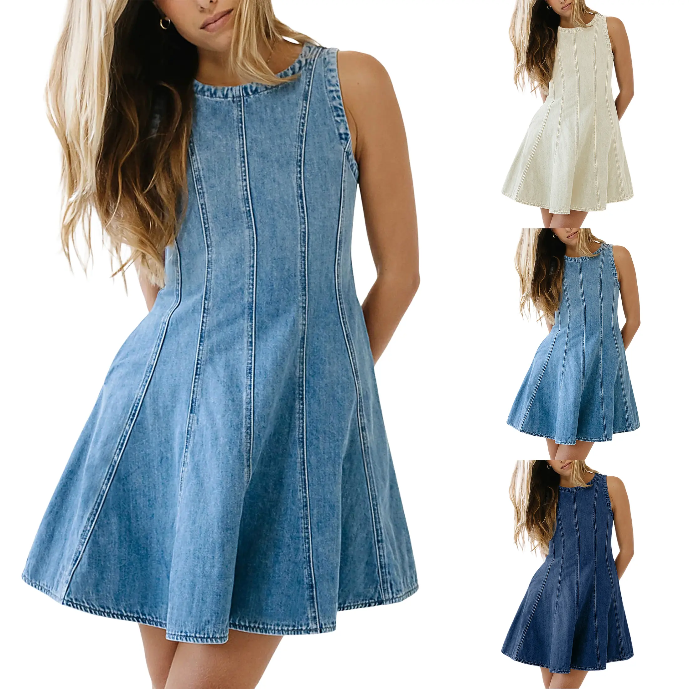 SCUSTY Women's Sleeveless Denim Mini Dress Cotton A-Line Flare Short Dress with Pockets Casual Crewneck Back Zipper Jean Dress
