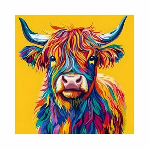 Colorful Highland Cow Pop Art 5D Full Drill Diamond Painting Kit -Sparkle Rhinestone Mosaic Art, Vibrant Rainbow Highland Cattle with Yellow Background, DIY Wall Decor for Home & Farmhouse