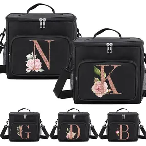 Floral & Letter Pattern Lunch Bag, 1 Count Reusable Insulated Lunch Bag with Adjustable Shoulder Strap, Portable Fresh Cooler Bag for Office, Travel, Beach, Picnic, Camping, Durable Lunch Bags