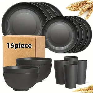 16 Piece Kitchen Wheat Straw Dinnerware Set, Service for 4, Dinner Plates, Dessert Plate, Cereal Bowls, Cups, Unbreakable Plastic Outdoor Camping Dishes