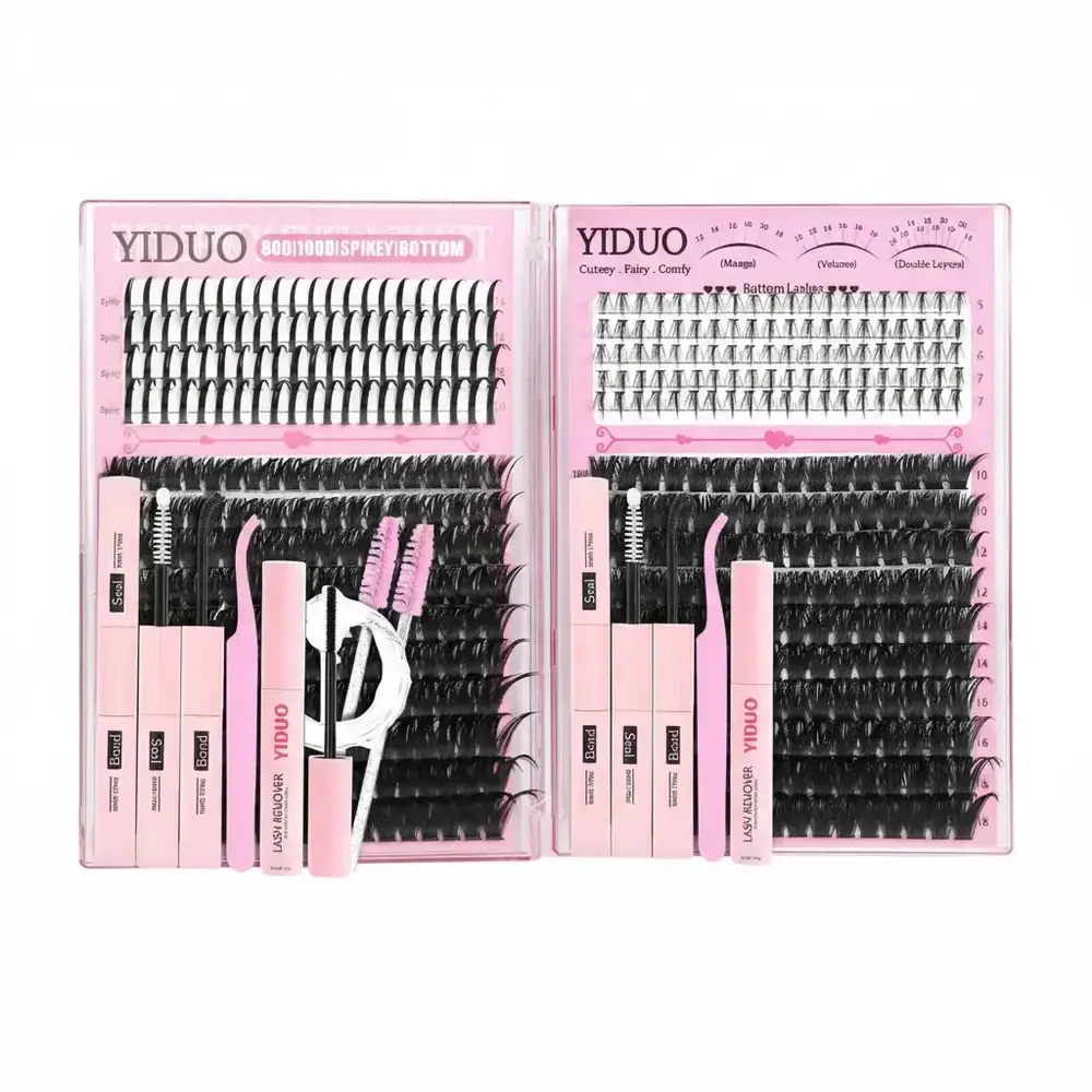 YIDUO Eyelash Cluster Kit Bundle, 80D & 100D, 200D & 300D Volume Eyelashes Clusters with D Curl, Fluffy Fiber Lashes, Eyelash Extension, Lash Bond and Seal, Tweezers, Remover, and Brush
