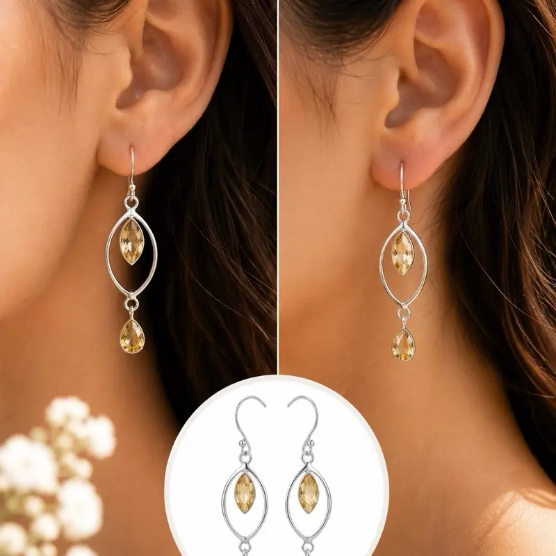 Oval Citrine Drop Statement Earrings, Genuine Gemstone, .925 Sterling Silver Hook Earrings for Adults, Note: Choking Hazard Small Parts