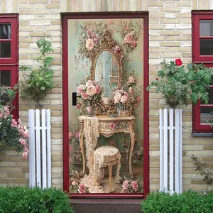 2 French Retro Carved Dressing Table Wall Sticker Bedroom Headboard Warm Decorative Decal Living Room Sofa Background Wall Self Adhesive Wallpaper Romantic Flower Vanity Sticker Waterproof Removable Wall